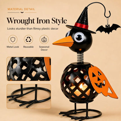 🔥 Wrought Iron Crow & Pumpkin Ornament 🎃 Rustic Halloween Decor