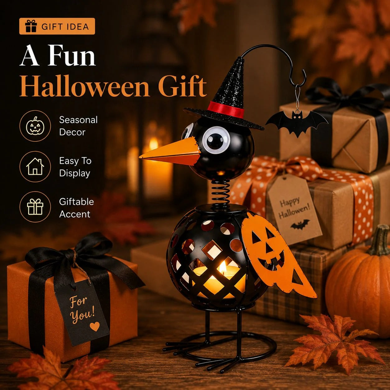 🔥 Wrought Iron Crow & Pumpkin Ornament 🎃 Rustic Halloween Decor
