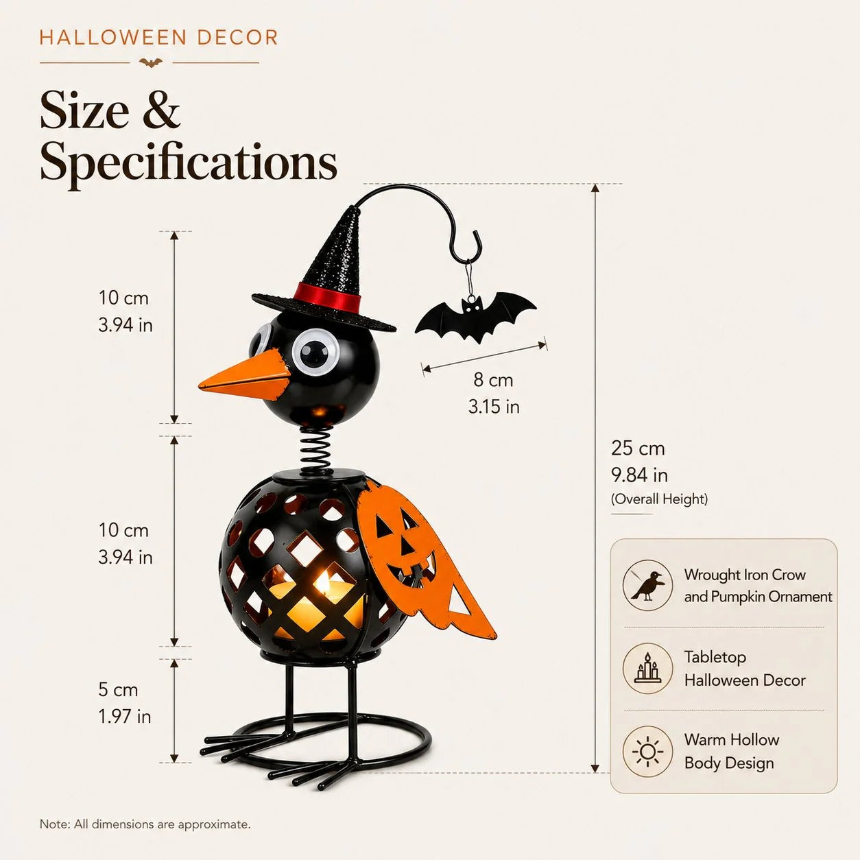 🔥 Wrought Iron Crow & Pumpkin Ornament 🎃 Rustic Halloween Decor