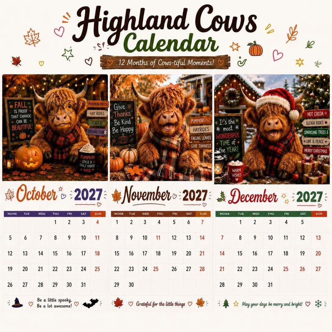 🐮 2027 Funny Highland Cow Wall Calendar
